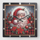 Santa Claus Buffalo Plaid Vierkante Klok (Voorkant)