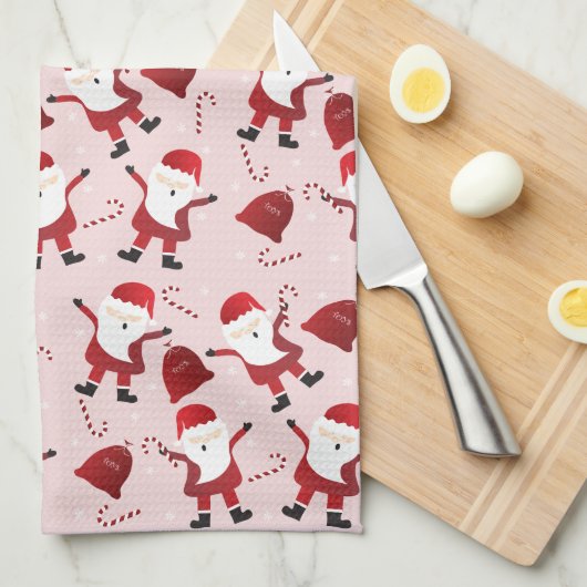 Santa Claus Candy Canes Snowflakes Pattern Red Theedoek (Quarter Fold)