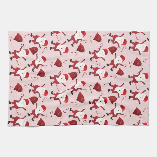 Santa Claus Candy Canes Snowflakes Pattern Red Theedoek (Horizontaal)