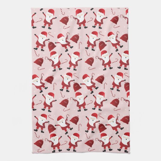 Santa Claus Candy Canes Snowflakes Pattern Red Theedoek (Verticaal)