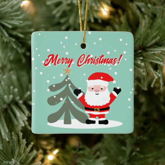 Santa Claus cartoon with Christmas tree custom Keramisch Ornament (Boom)