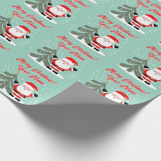 Santa Claus cartoon with Christmas tree teal Cadeaupapier (Hoek)
