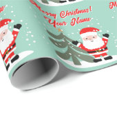 Santa Claus cartoon with Christmas tree teal Cadeaupapier (Rol Hoek)