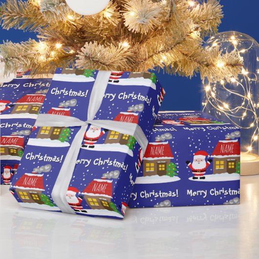 Santa Claus cartoon with house and Christmas tree Cadeaupapier (Feestdagen)