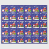 Santa Claus cartoon with house and Christmas tree Cadeaupapier (Vlak)