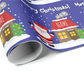 Santa Claus cartoon with house and Christmas tree Cadeaupapier (Rol Hoek)