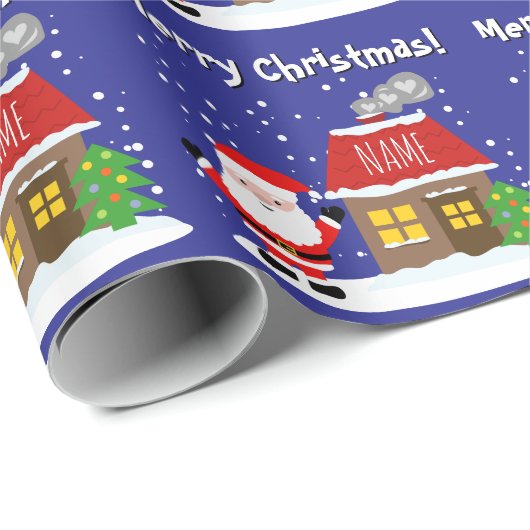 Santa Claus cartoon with house and Christmas tree Cadeaupapier (Rol Hoek)