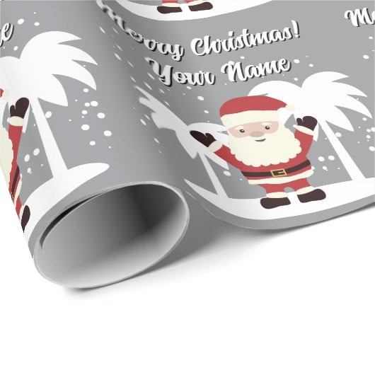 Santa Claus cartoon with palm trees grey Christmas Cadeaupapier (Rol Hoek)