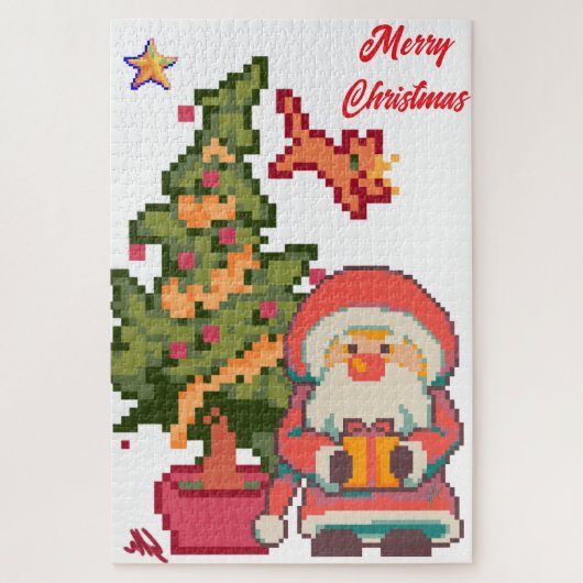 Santa Claus, cat stealing star, Pixel Art Legpuzzel (Verticaal)