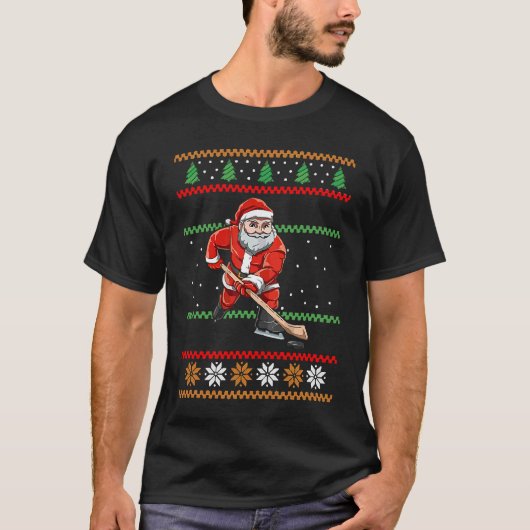 Santa Claus Christmas Ice Hockey Ugly Sweater T-shirt (Voorkant)