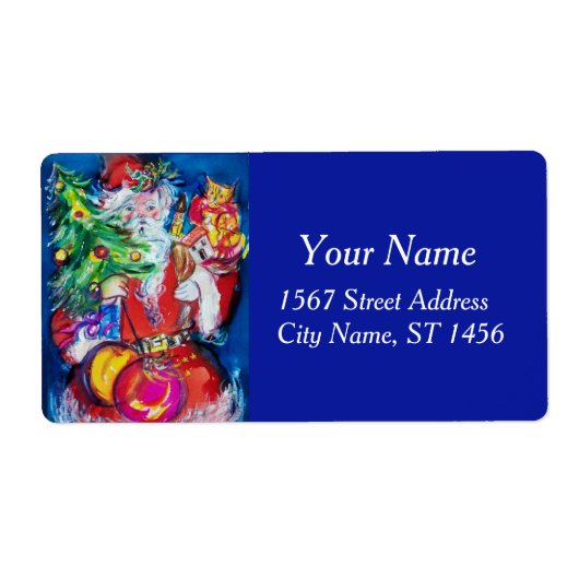 SANTA CLAUS, CHRISTMAS TREE EN GIFTS Red Blue Etiket (Voorkant)