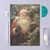 Santa Claus Cuddling a Christmas Tree Ivy Berries  Tissuepapier (Craft)