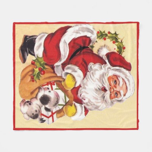 Santa Claus Cute Puppy  Retro Kerstmis Fleece Deken (Voorkant (Horizontaal))