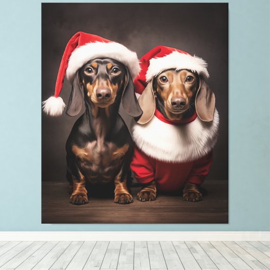 Santa Claus Dachshund Twins Canvas Afdruk (Insitu (Houten vloer))