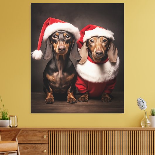 Santa Claus Dachshund Twins Canvas Afdruk (Insitu (Woonkamer))