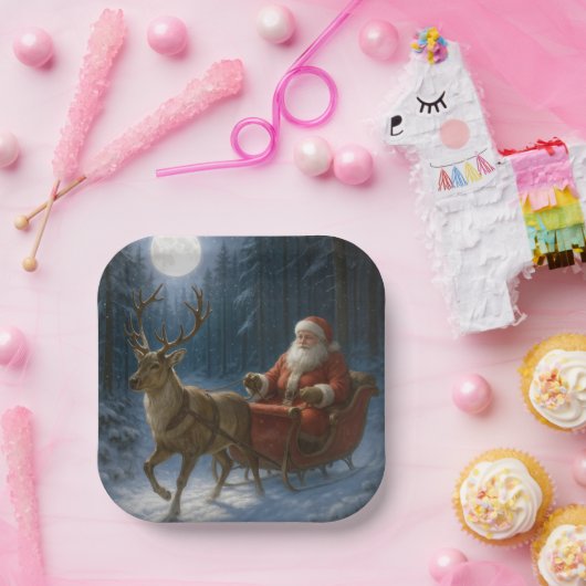 Santa Claus Driving a Sleigh In Moonlight Papieren Bordje (Feest)