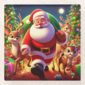 Santa Claus en 2 rendierillustratie Glazen Onderzetter (Voorkant)