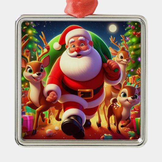 Santa Claus en 2 rendierillustratie Metalen Ornament (Voorkant)