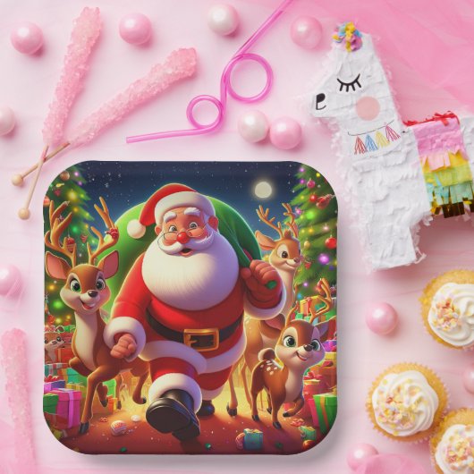 Santa Claus en 2 rendierillustratie Papieren Bordje (Feest)