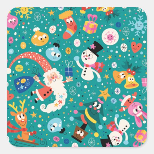 Santa Claus en Merry FriendsPattern Vierkante Sticker (Voorkant)