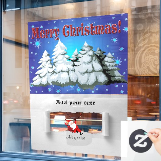 Santa Claus en Pine Trees met sneeuwillustratie Raamsticker (Cafe Raam)