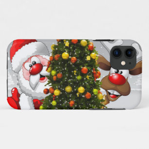 Santa claus en rendier achter een kerstboom.j Case-Mate iPhone case
