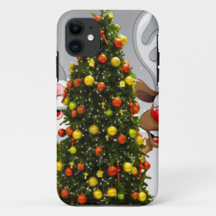 Santa claus en rendier achter een kerstboom.j Case-Mate iPhone case