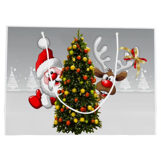 Santa claus en rendier achter een kerstboom.j groot cadeauzakje (Achterkant)