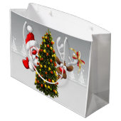 Santa claus en rendier achter een kerstboom.j groot cadeauzakje (Achterkant Gekanteld)