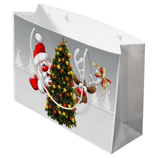 Santa claus en rendier achter een kerstboom.j groot cadeauzakje (Achterkant Gekanteld)