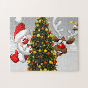 Santa claus en rendier achter een kerstboom.j legpuzzel