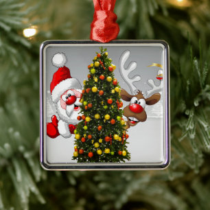 Santa claus en rendier achter een kerstboom.j metalen ornament