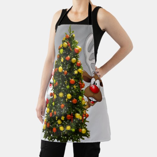 Santa claus en rendier achter een kerstboom.j schort (Insitu)