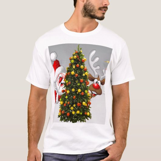 Santa claus en rendier achter een kerstboom.j t-shirt (Voorkant)
