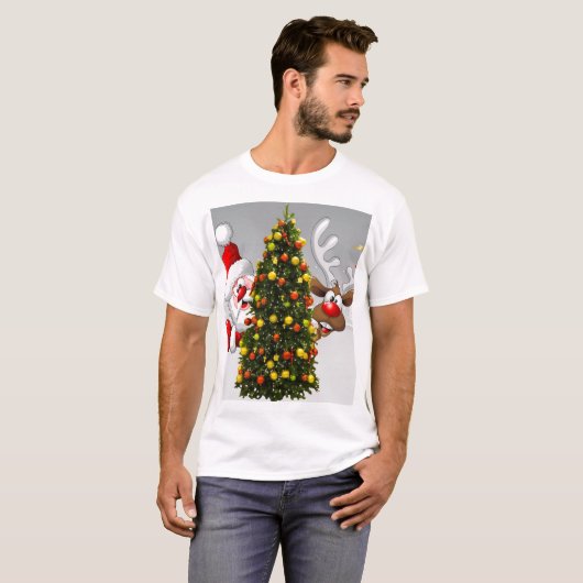 Santa claus en rendier achter een kerstboom.j t-shirt (Voorkant volledig)