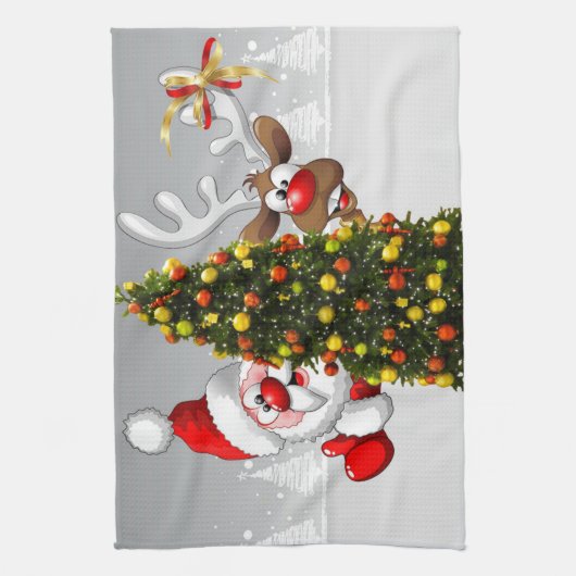 Santa claus en rendier achter een kerstboom.j theedoek (Verticaal)