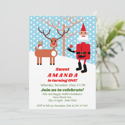 Santa Claus en Rudolph First Birthday Party Kaart (Staand voorkant)