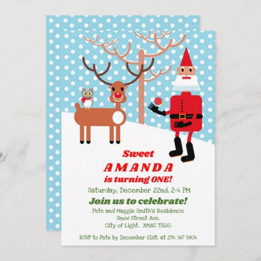 Santa Claus en Rudolph First Birthday Party Kaart (Voorkant / Achterkant)