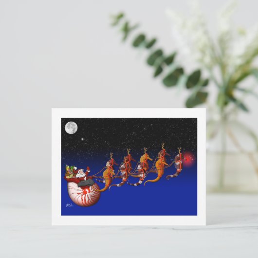 Santa Claus en Seahorse Sleigh Briefkaart (Staand voorkant)