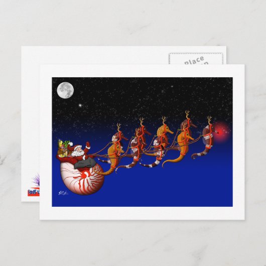 Santa Claus en Seahorse Sleigh Briefkaart (Voorkant / Achterkant)