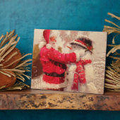 Santa claus en sneeuwpop in sneeuwval fotoplaat (Zijkant)