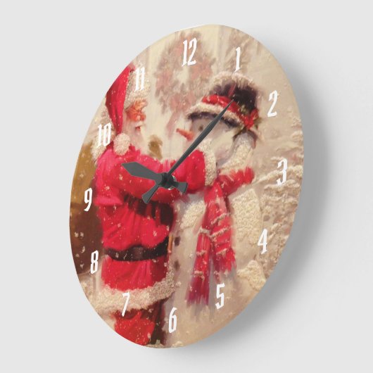 Santa claus en sneeuwpop in sneeuwval grote klok (Hoek)