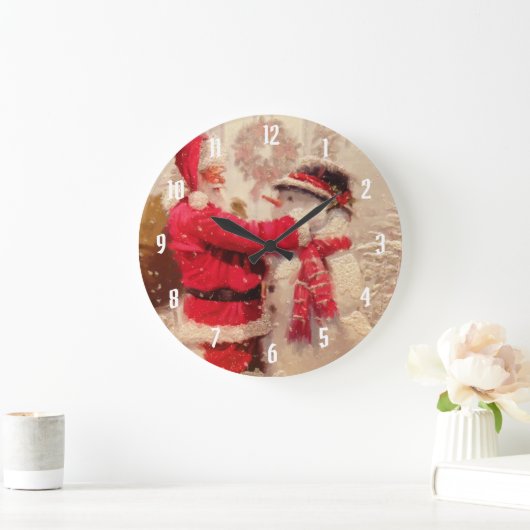 Santa claus en sneeuwpop in sneeuwval grote klok (Huis)