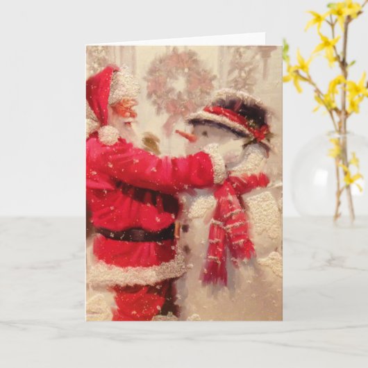 Santa claus en sneeuwpop in sneeuwval kaart (Gele Bloem)