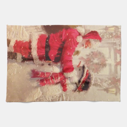 Santa claus en sneeuwpop in sneeuwval theedoek (Horizontaal)