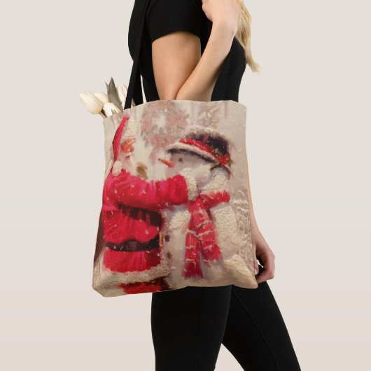 Santa claus en sneeuwpop in sneeuwval tote bag (Dichtbij)