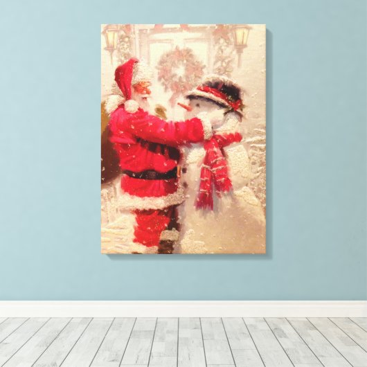 Santa Claus en Snowman Canvas Afdruk (Insitu (Houten vloer))