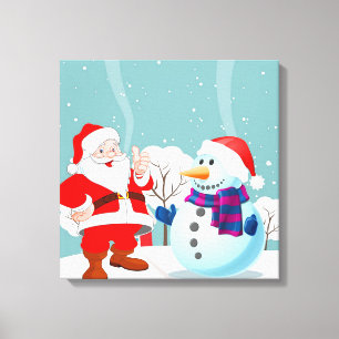 Santa Claus en Snowman Canvas Afdruk