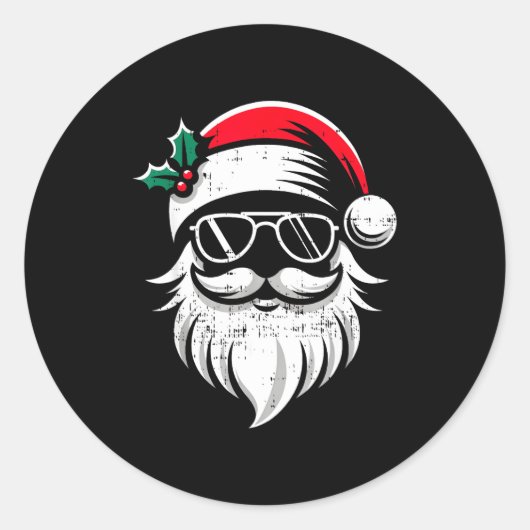 Santa Claus Face Sungles With Hat Beard Christmas  Ronde Sticker (Voorkant)