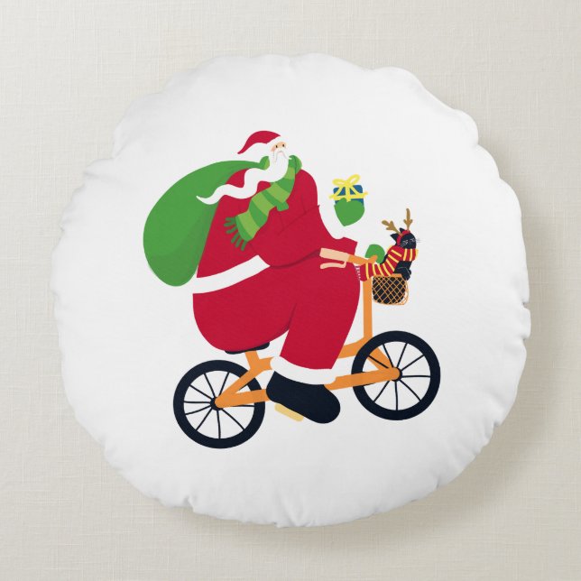 Santa Claus fiets Rond Kussen (Voorkant)